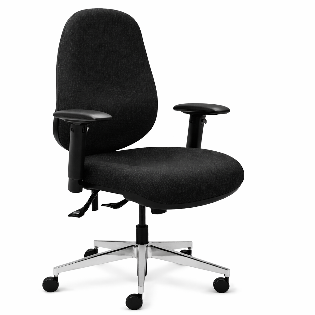 Black office chair with adjustable arms on a white background