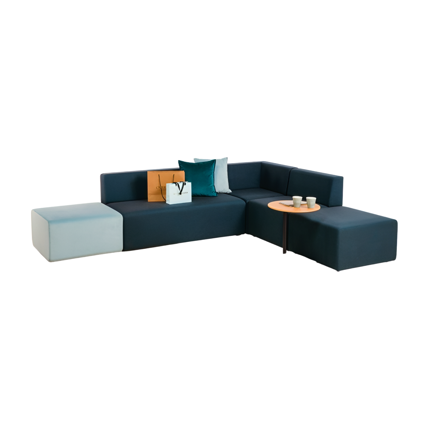 Modern sectional sofa with cushions on a white background