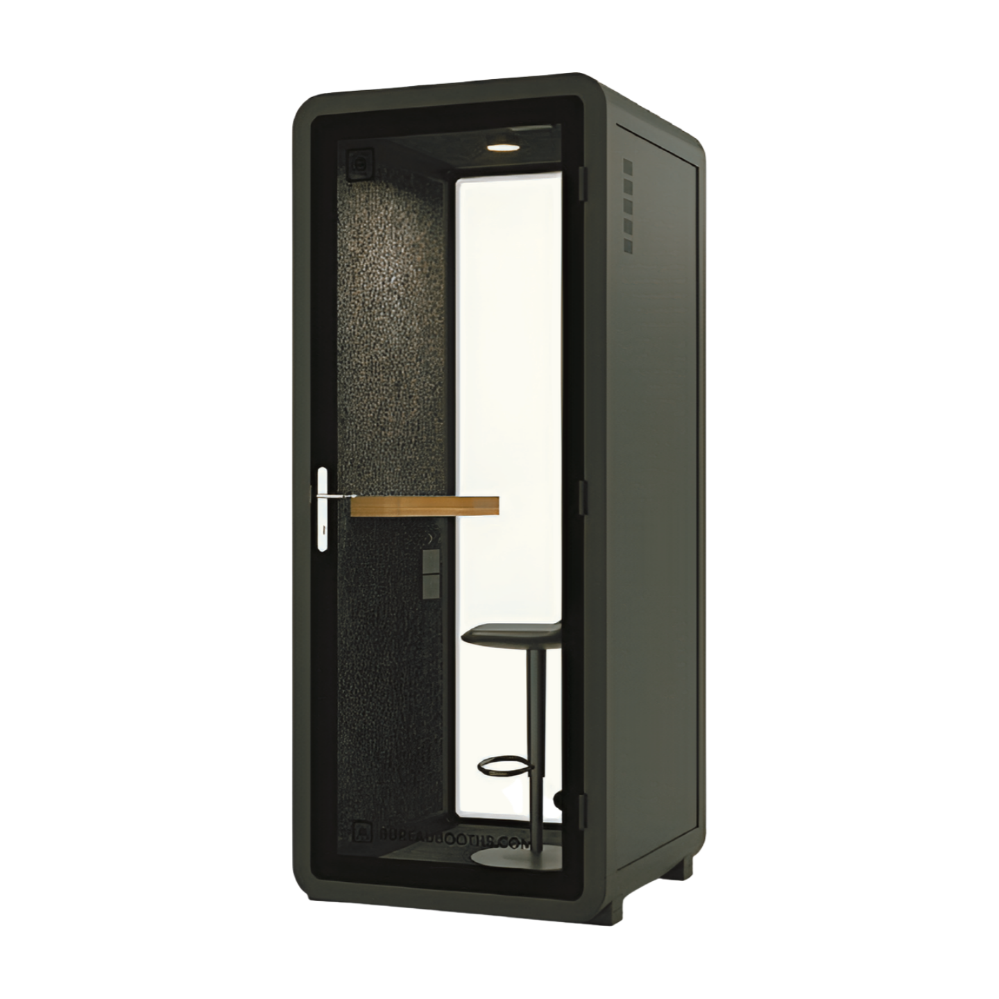 Black soundproof booth with a glass panel and stool on a white background