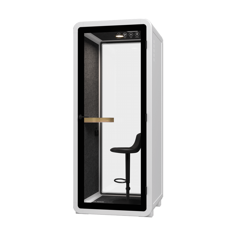 Modern phone booth with a chair inside on a black background