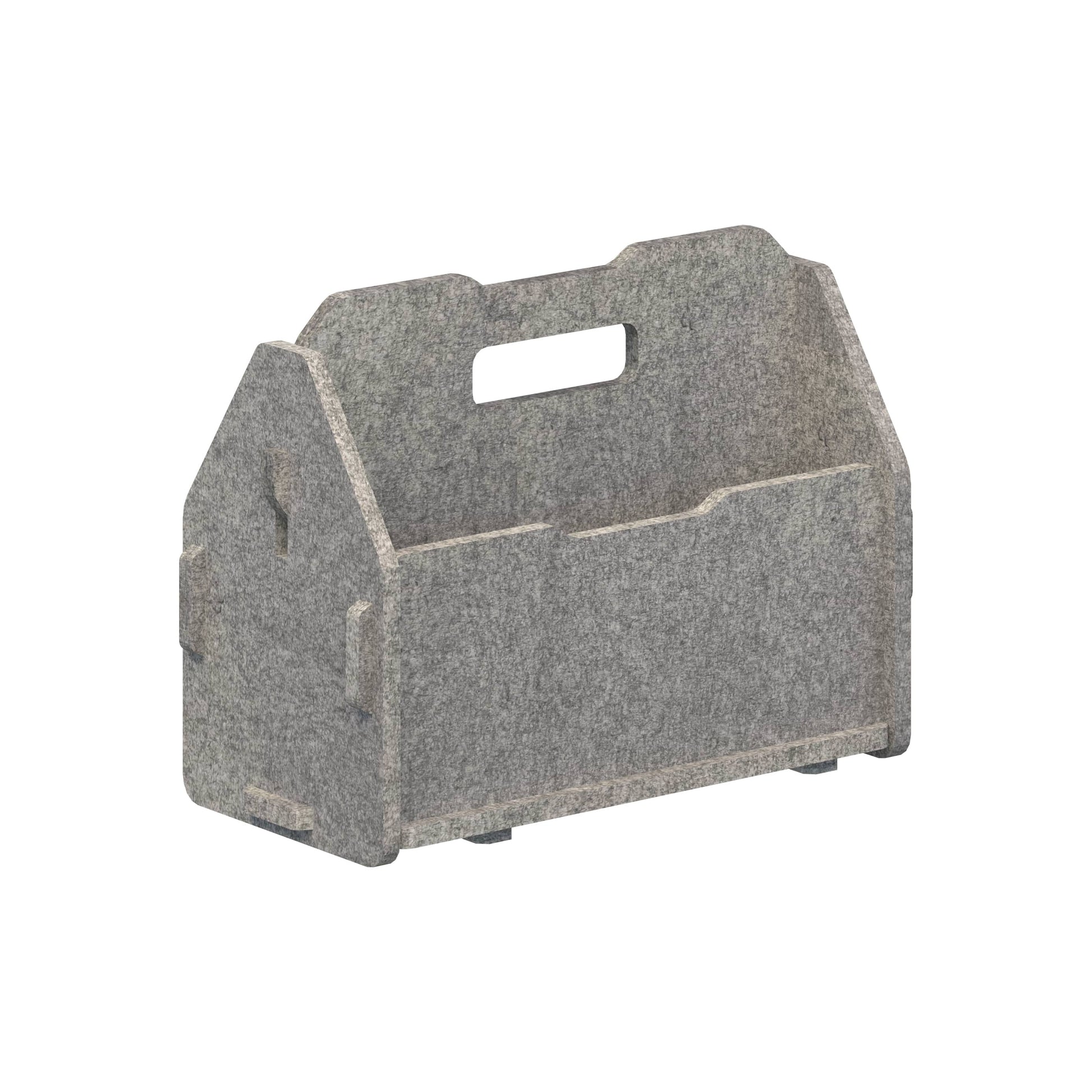 Gray felt magazine rack with a handle on a white background