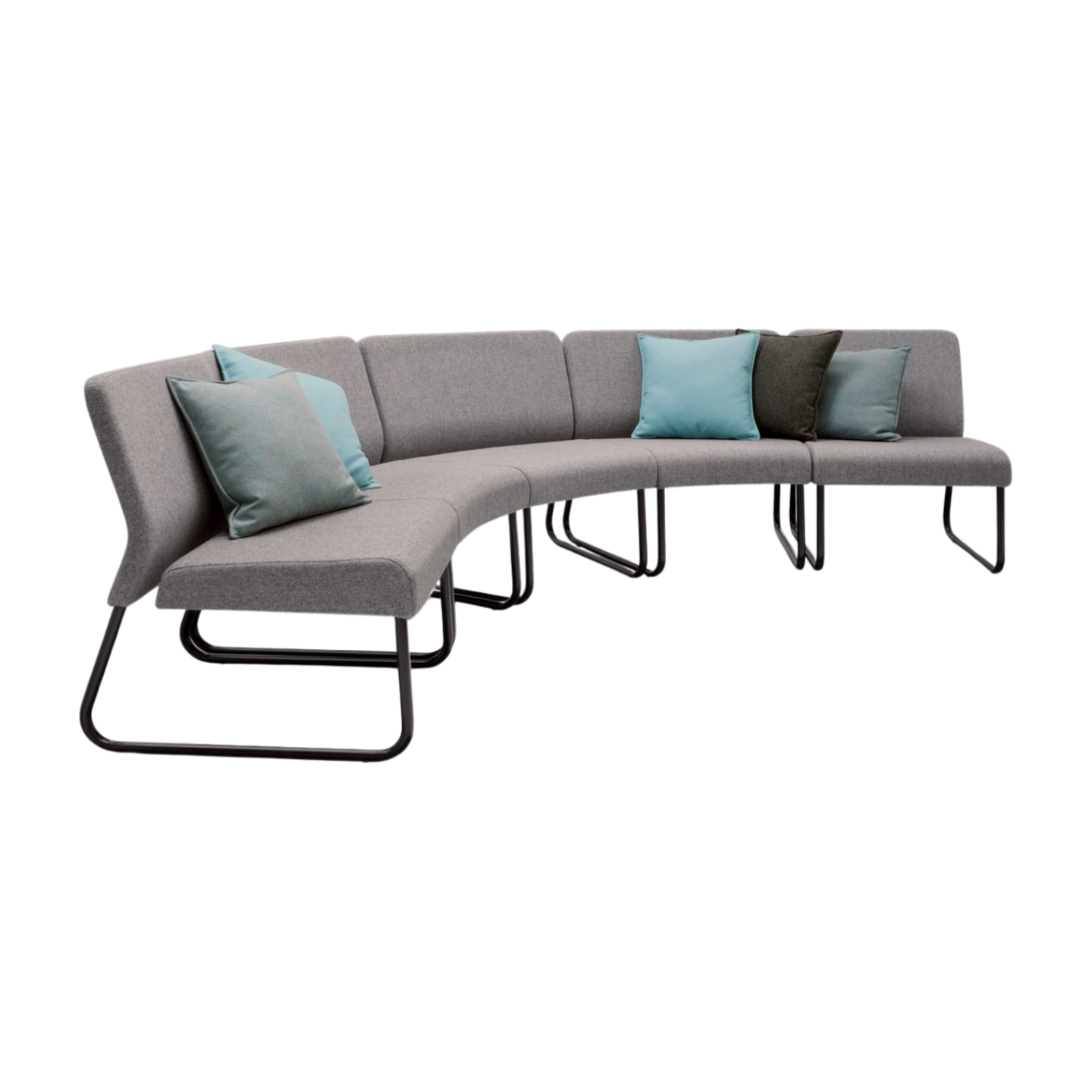 Gray curved sofa with black metal frame and blue cushions on a white background