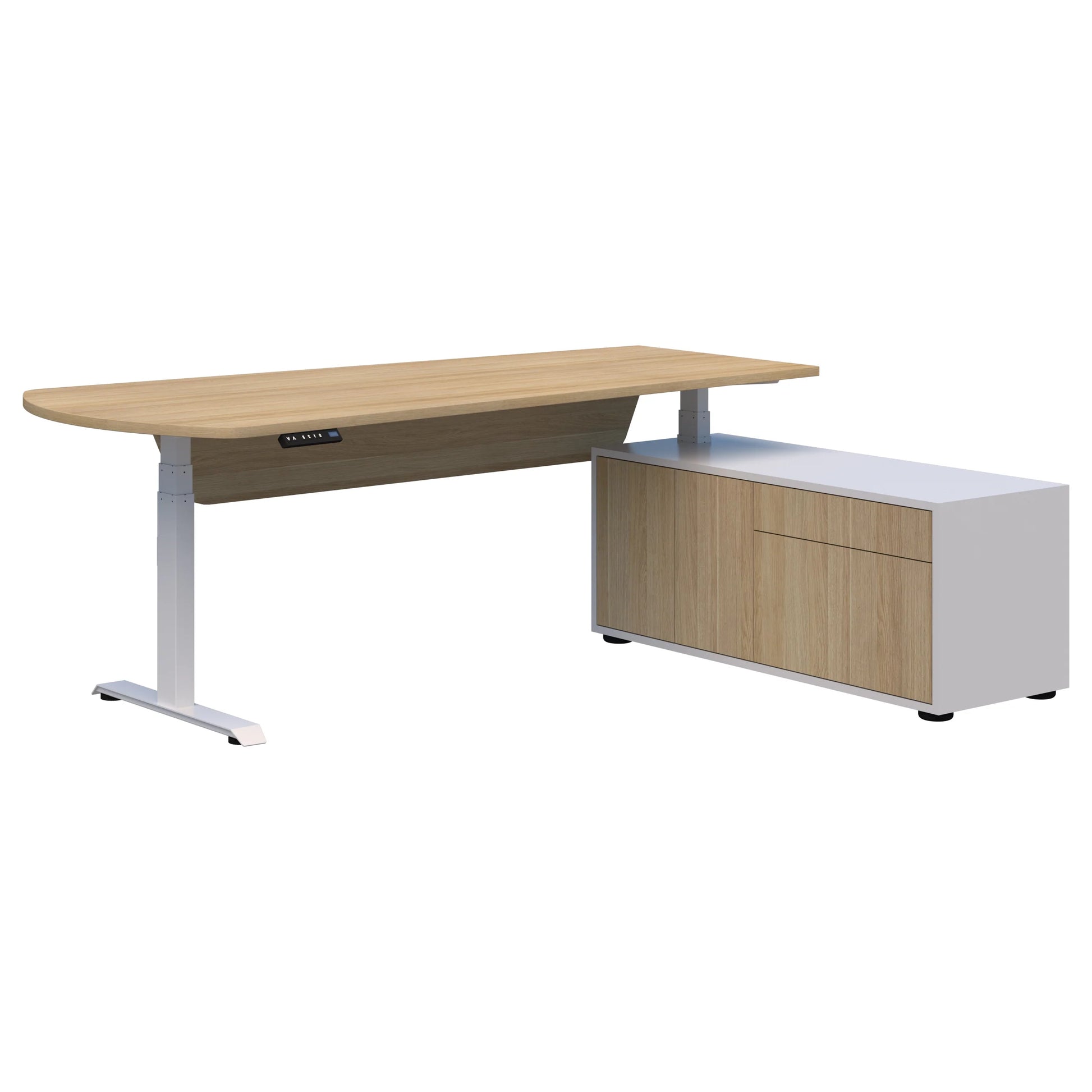 Wooden office desk with white base on a white background