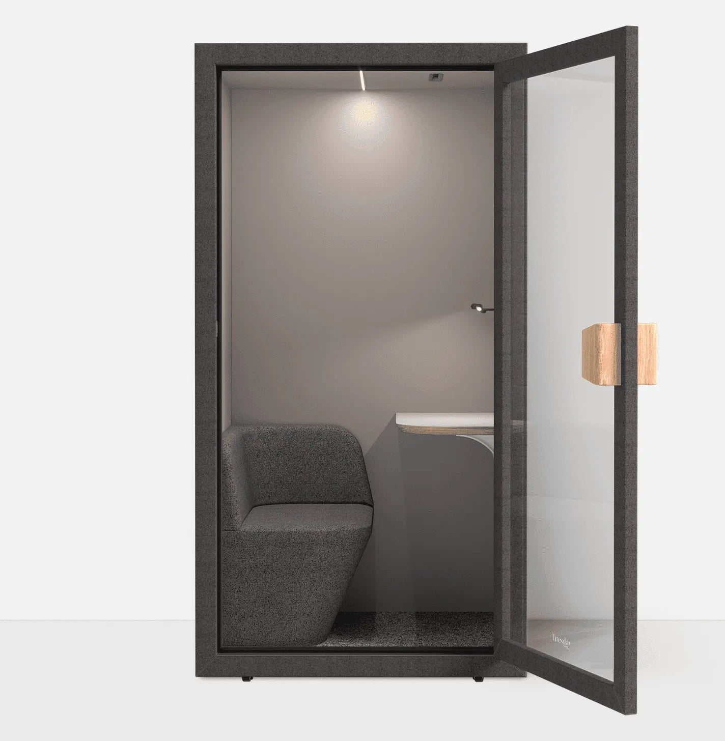 Modern office pod with a glass door and gray interior.