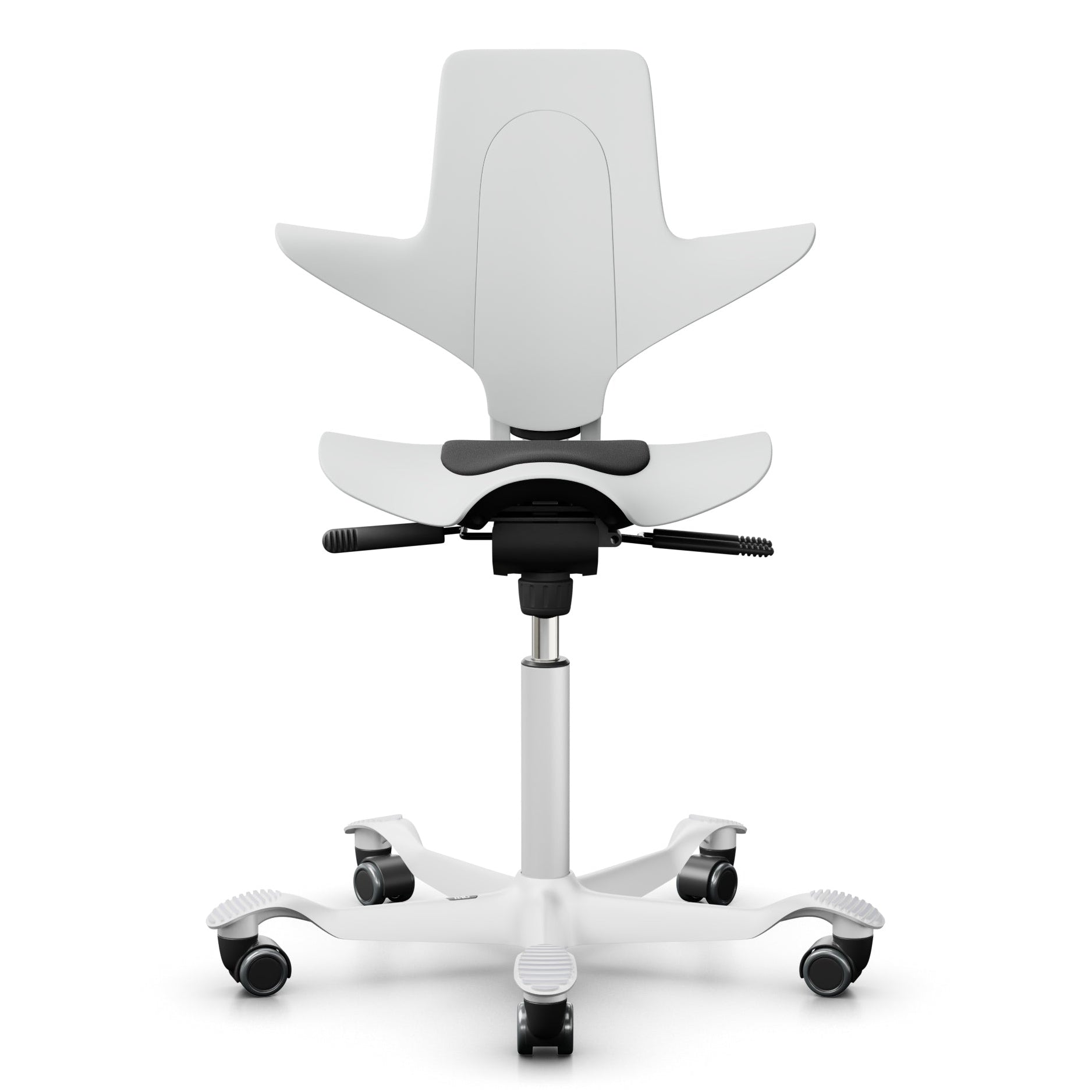 A White HÅG Capisco Puls 8010 office chair with an adjustable saddle seat, foot support, and a five-point wheeled base.