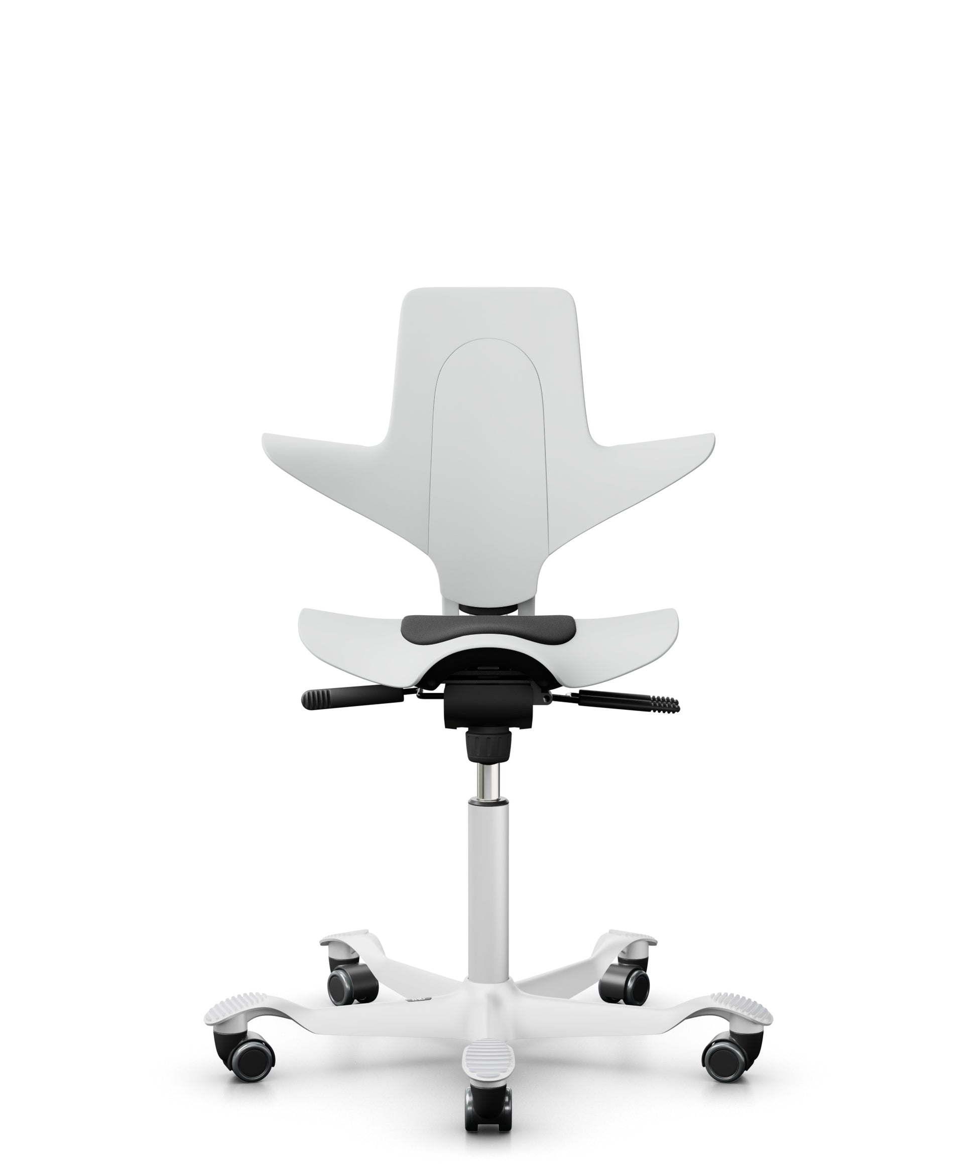 A White HÅG Capisco Puls 8010 office chair with an adjustable saddle seat, foot support, and a five-point wheeled base.