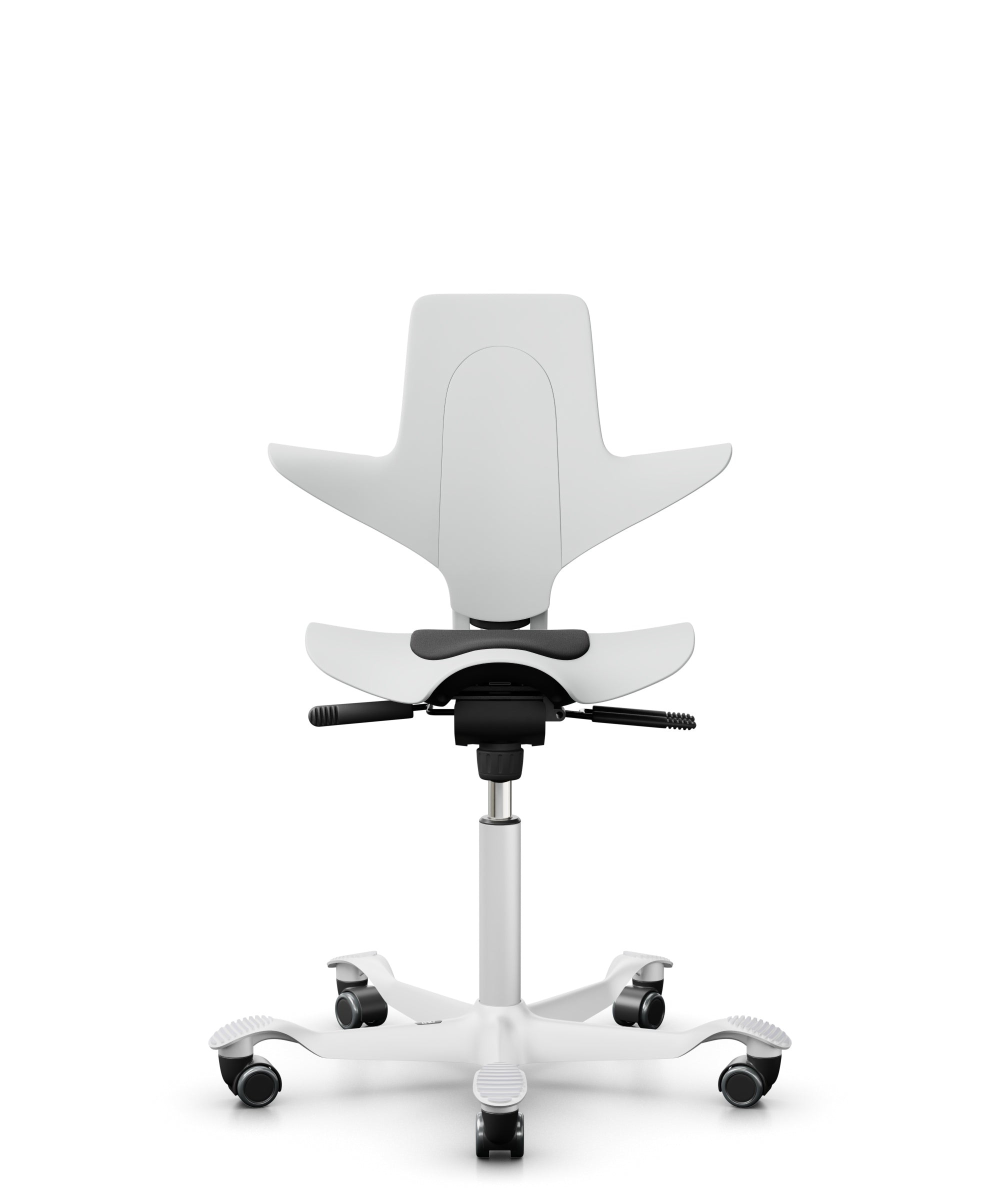 A White HÅG Capisco Puls 8010 office chair with an adjustable saddle seat, foot support, and a five-point wheeled base.
