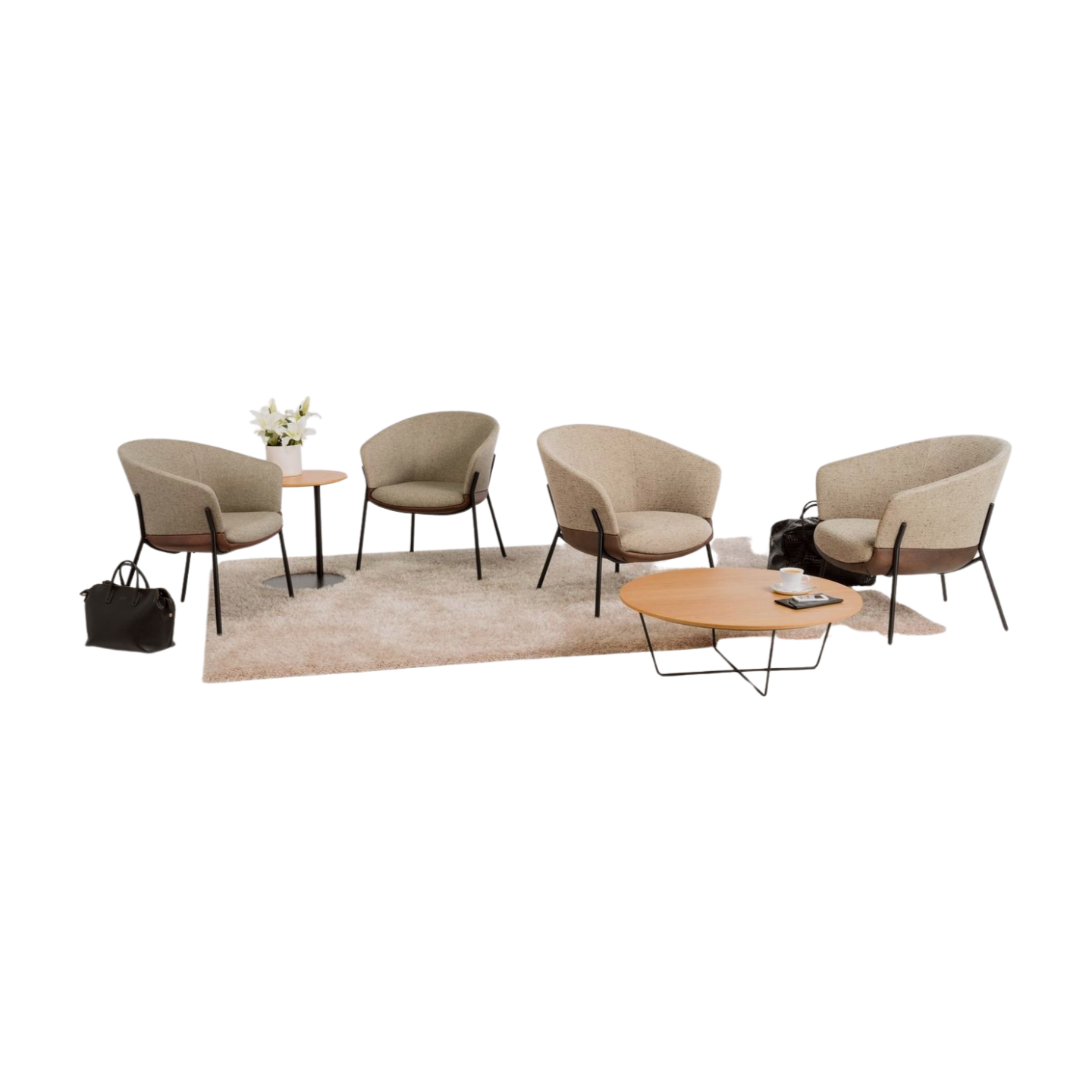 Modern furniture set with chairs and a coffee table on a white background