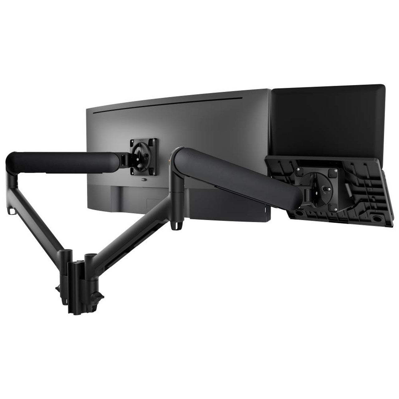 Black dual monitor arm with two monitors on a white background