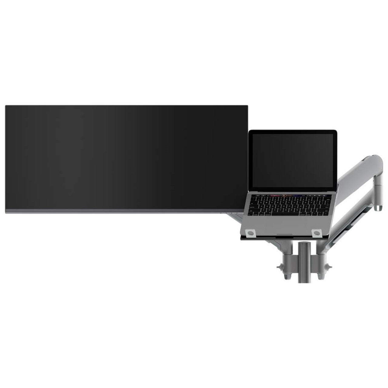 Laptop on a stand with a large monitor on a white background