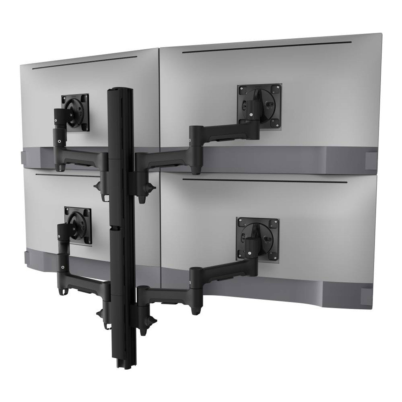 Multiple monitor stands attached to a large screen on a white background