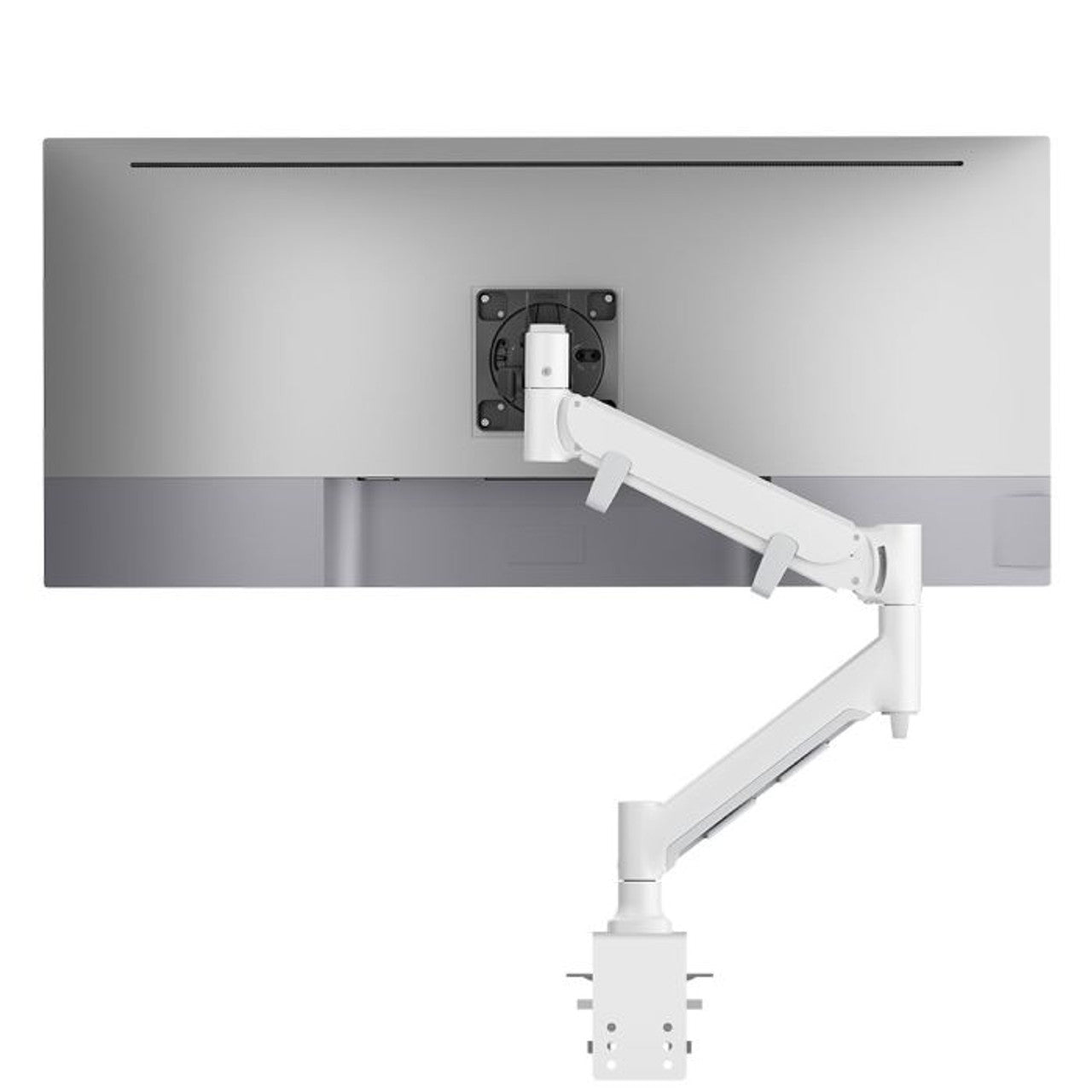 White monitor arm attached to a metallic surface on a white background