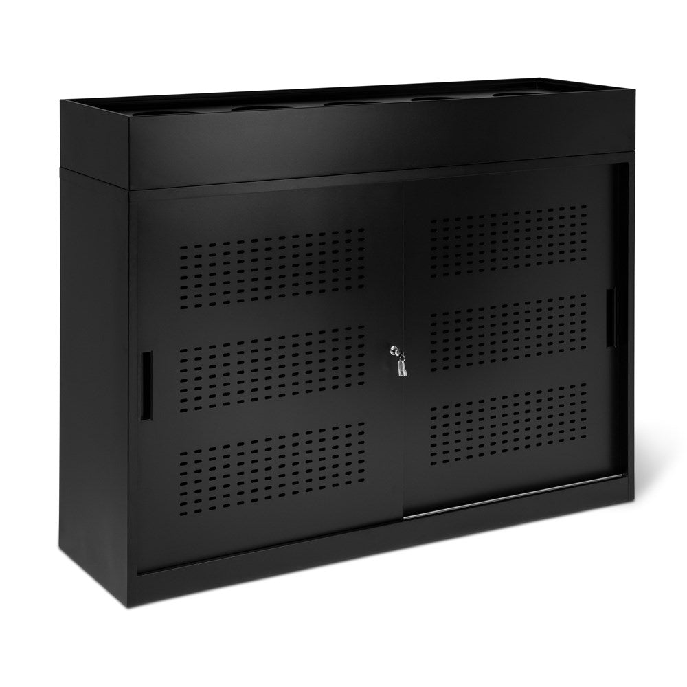 Black metal cabinet with perforated design on a white background
