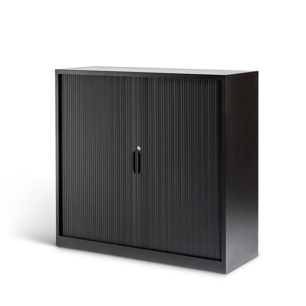 Black cabinet with tambour door on a white background