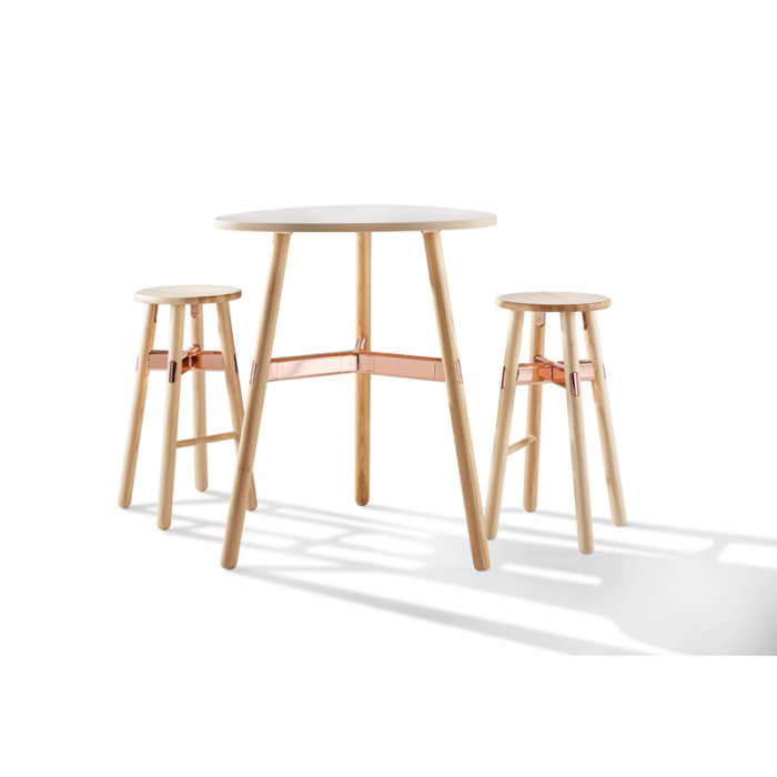 Okidoki Ash legs with copper gloss frame bar leaner & stools